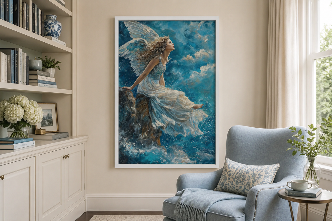 Angel with folded wings sitting on a mountain peak surrounded by clouds in a soft blue sky.
