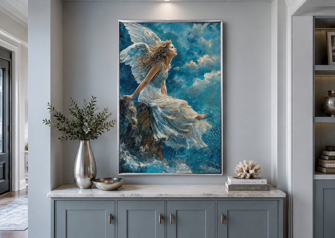 Framed Christian wall art of an angel in a white dress sitting on a mountain among blue clouds.