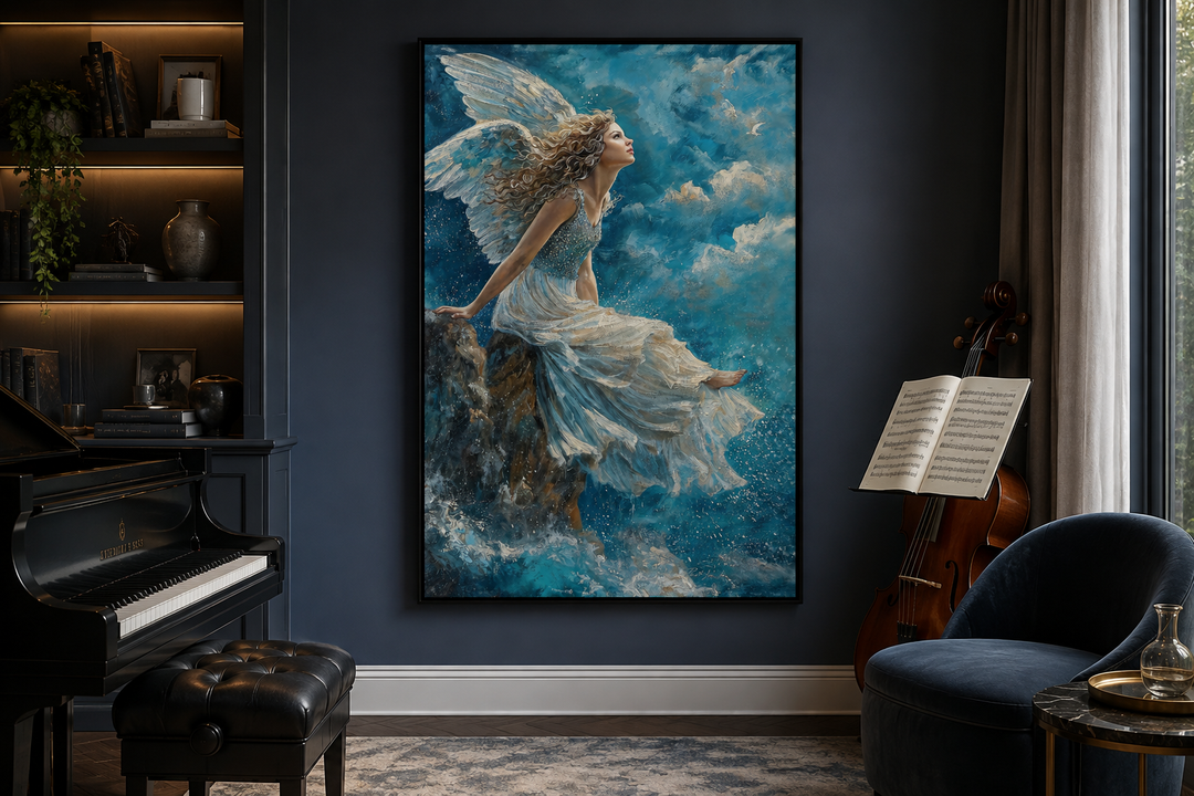 Framed wall art of an angel in a white dress sitting on a mountain peak among blue clouds.