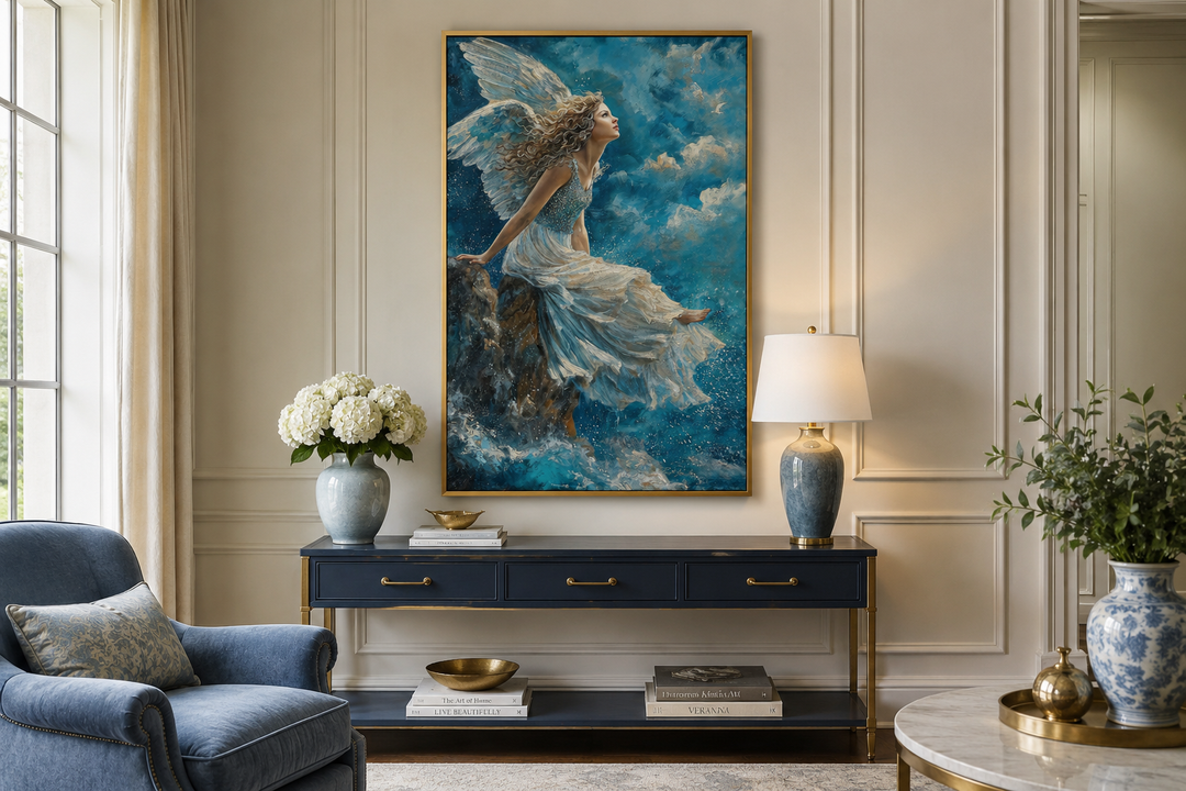 Framed wall art of an angel in a white dress sitting on a mountain peak against a blue cloudy sky.