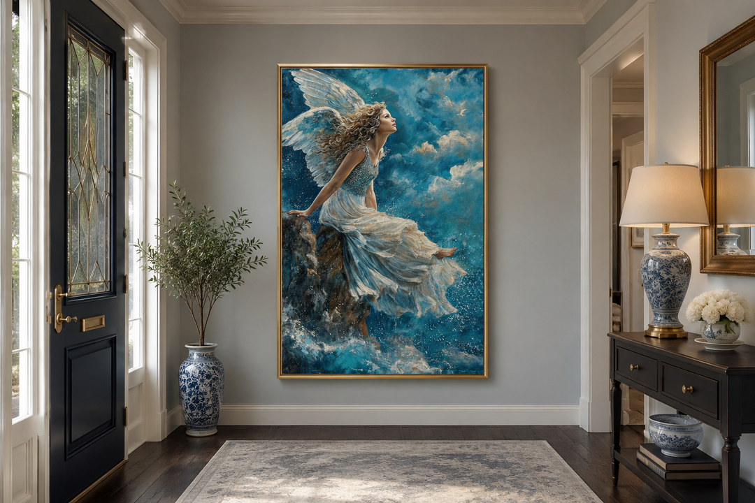 Framed canvas art of an angel in a white dress sitting on a mountain peak among blue clouds.