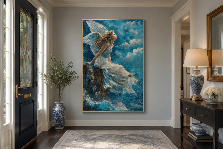 Framed canvas art of an angel in a white dress sitting on a mountain peak among blue clouds.