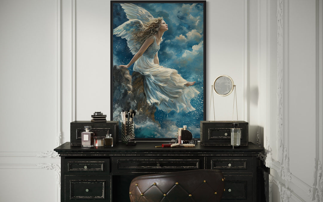 Beautiful Angel Sitting On Top A Mountain Among Clouds in Heaven Wall Art