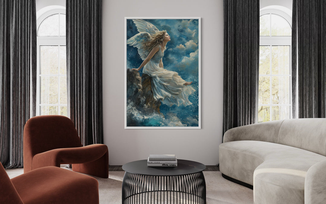 Beautiful Angel Sitting On Top A Mountain Among Clouds in Heaven Wall Art