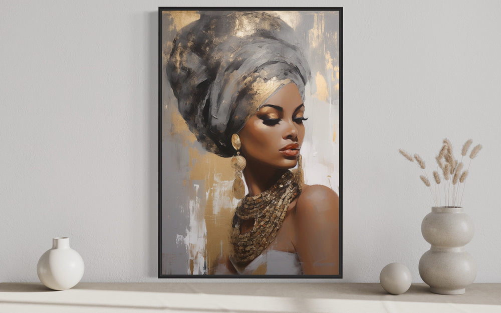 Beautiful Black Woman Gold Silver Framed Canvas Wall Art