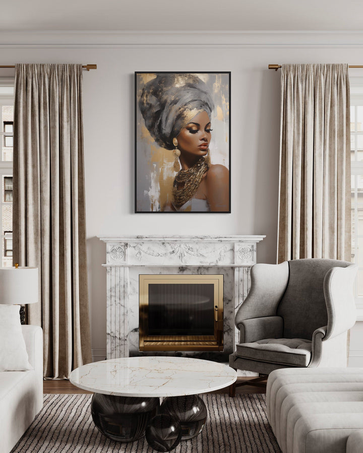 Beautiful Black Woman Gold Silver Framed Canvas Wall Art