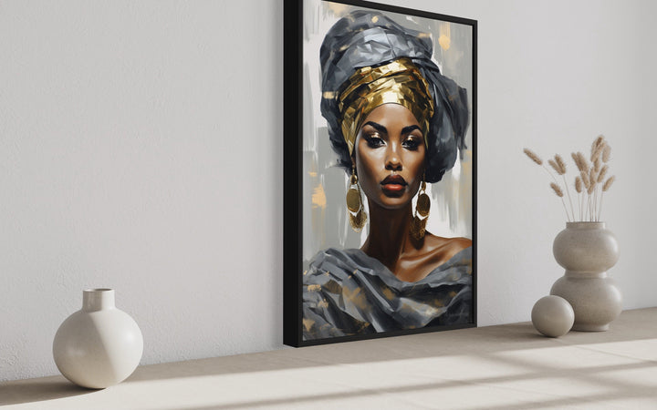 Beautiful Black Woman In Silver And Gold Framed Canvas Wall Art