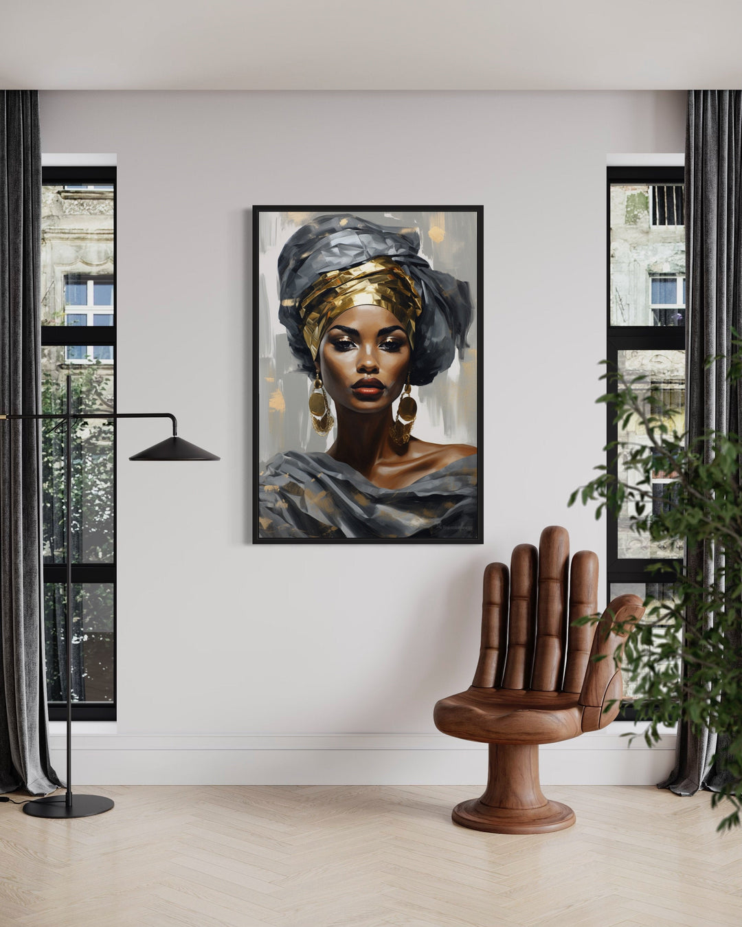 Beautiful Black Woman In Silver And Gold Framed Canvas Wall Art