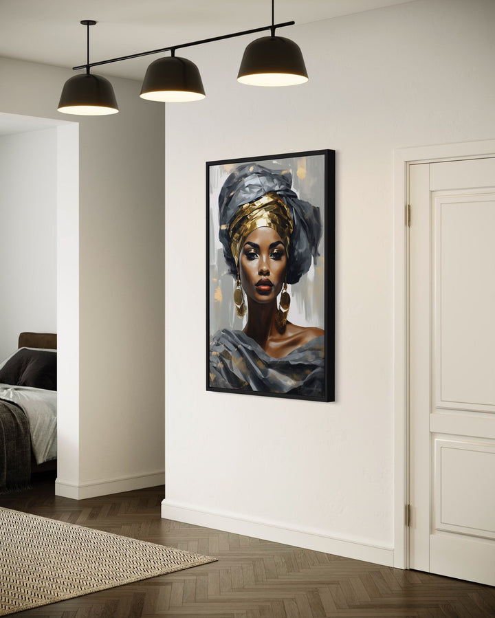 Beautiful Black Woman In Silver And Gold Framed Canvas Wall Art