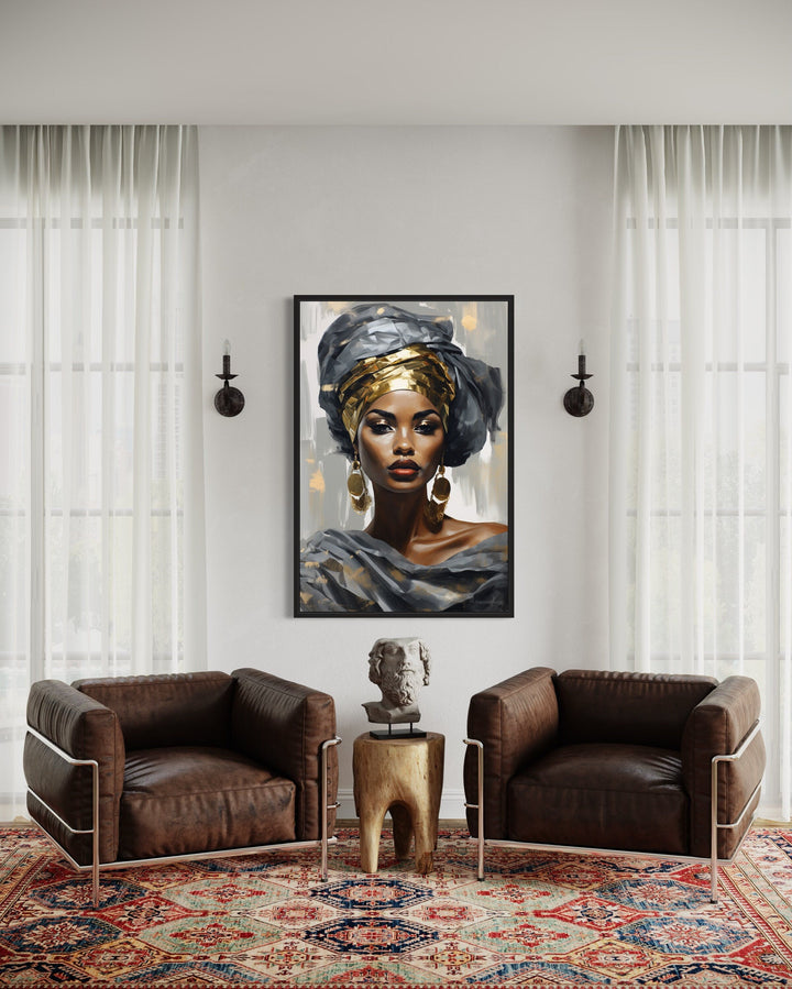 Beautiful Black Woman In Silver And Gold Framed Canvas Wall Art