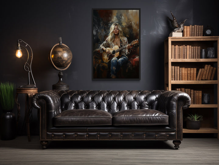 Beautiful Blonde Girl Playing Guitar Framed Canvas Wall Art