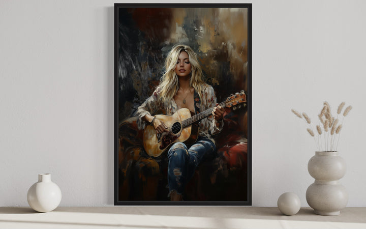 Beautiful Blonde Girl Playing Guitar Framed Canvas Wall Art