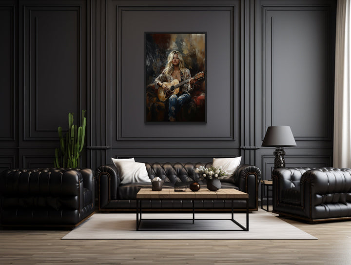 Beautiful Blonde Girl Playing Guitar Framed Canvas Wall Art