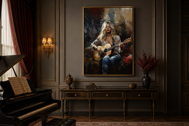 Framed canvas art of a blonde girl playing guitar, hung above a console table in a music room.