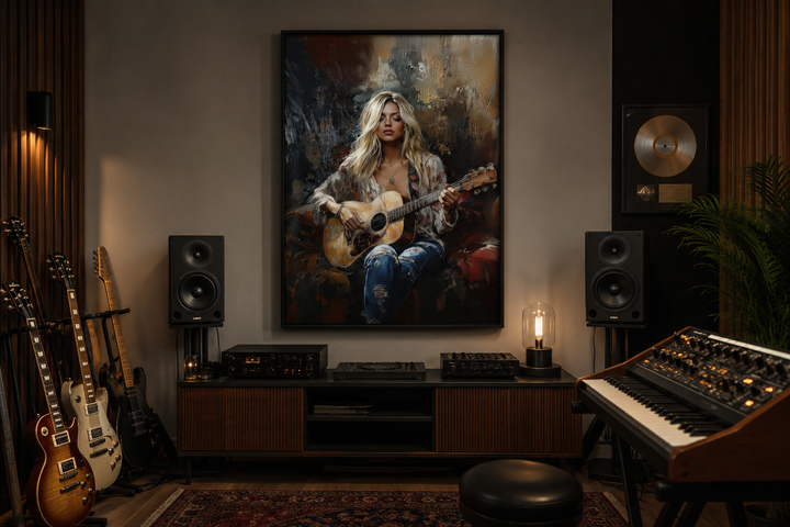 Framed canvas wall art of a blonde girl playing guitar in a music room with studio equipment.