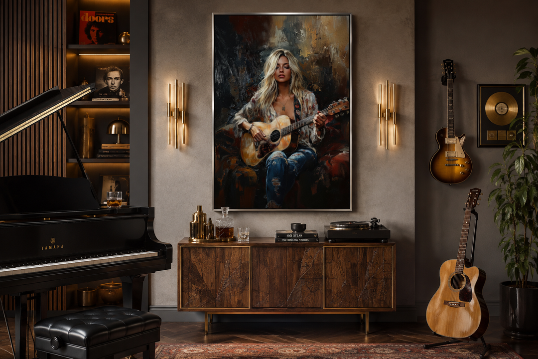 Framed canvas wall art of a blonde girl playing guitar in a music room with a piano and guitars.
