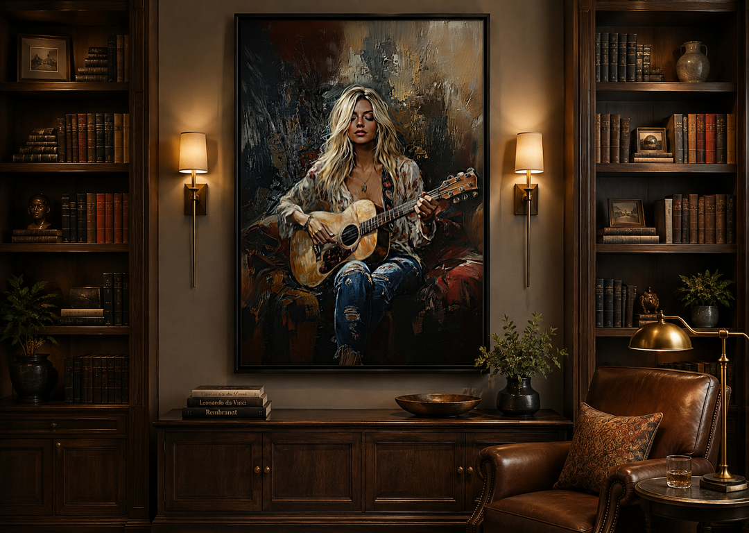 Framed canvas wall art of a blonde girl playing guitar in a warm, earthy-toned library setting.