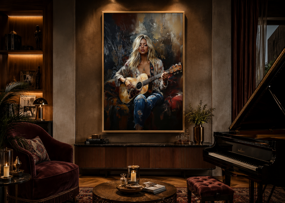 Framed canvas wall art of a blonde girl playing guitar in a music room with a piano and armchair.