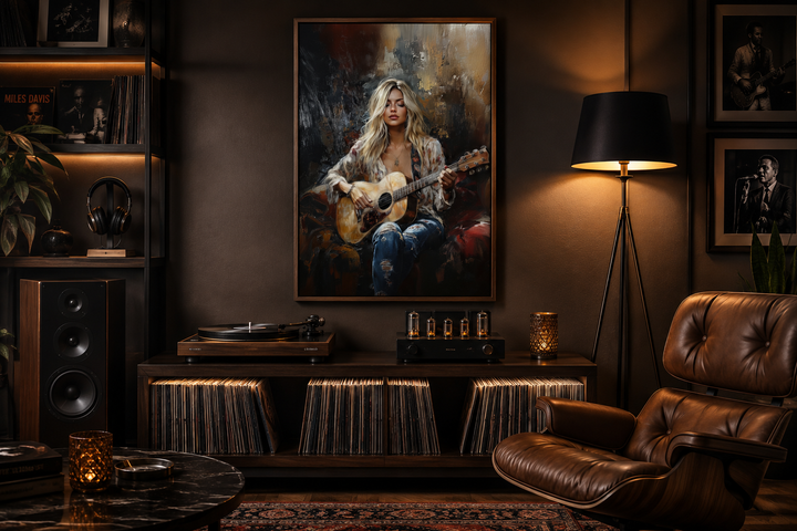 Framed canvas wall art of a blonde girl playing guitar in a cozy, modern music room setting.