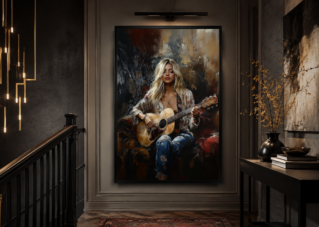 Framed canvas wall art of a blonde girl playing an acoustic guitar in an expressive, painted style.