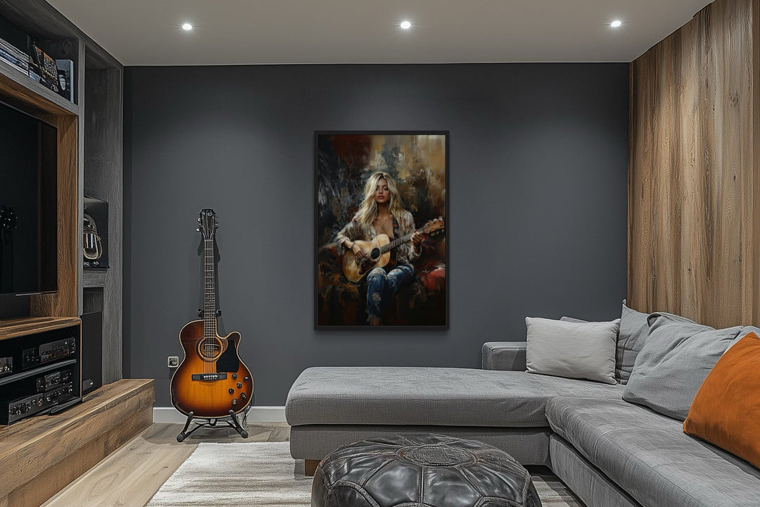 Beautiful Blonde Girl Playing Guitar Framed Canvas Wall Art