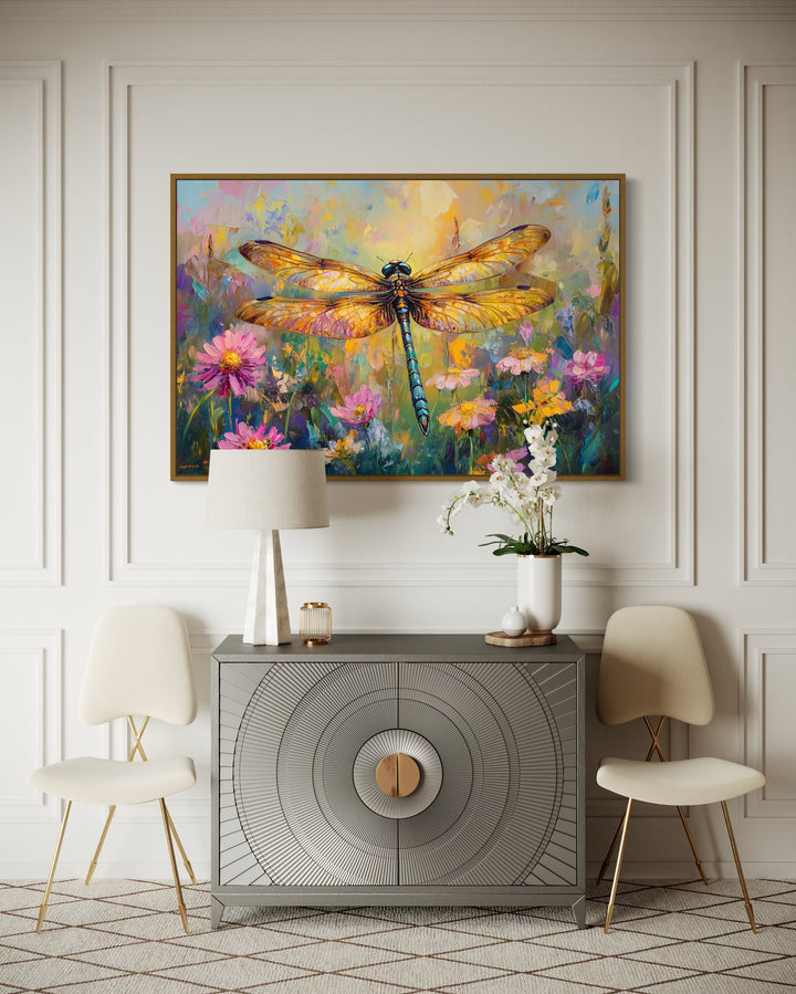 Beautiful Dragonfly On Flowers Delicate Painting Framed Canvas Wall Art