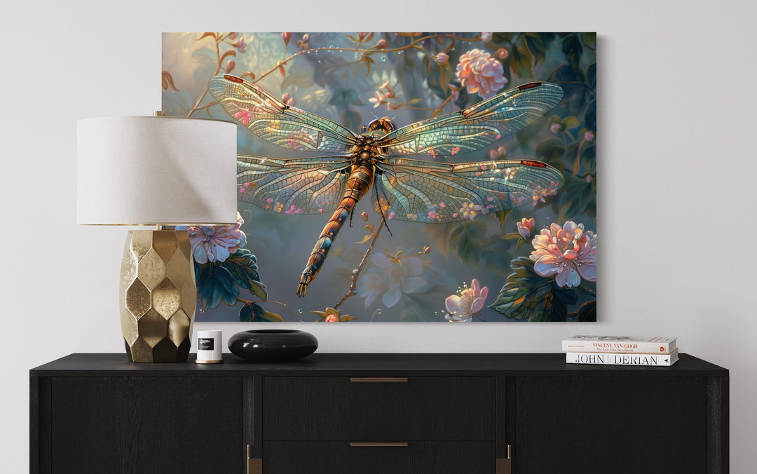 Beautiful Dragonfly On Flowers Delicate Painting Framed Canvas Wall Art