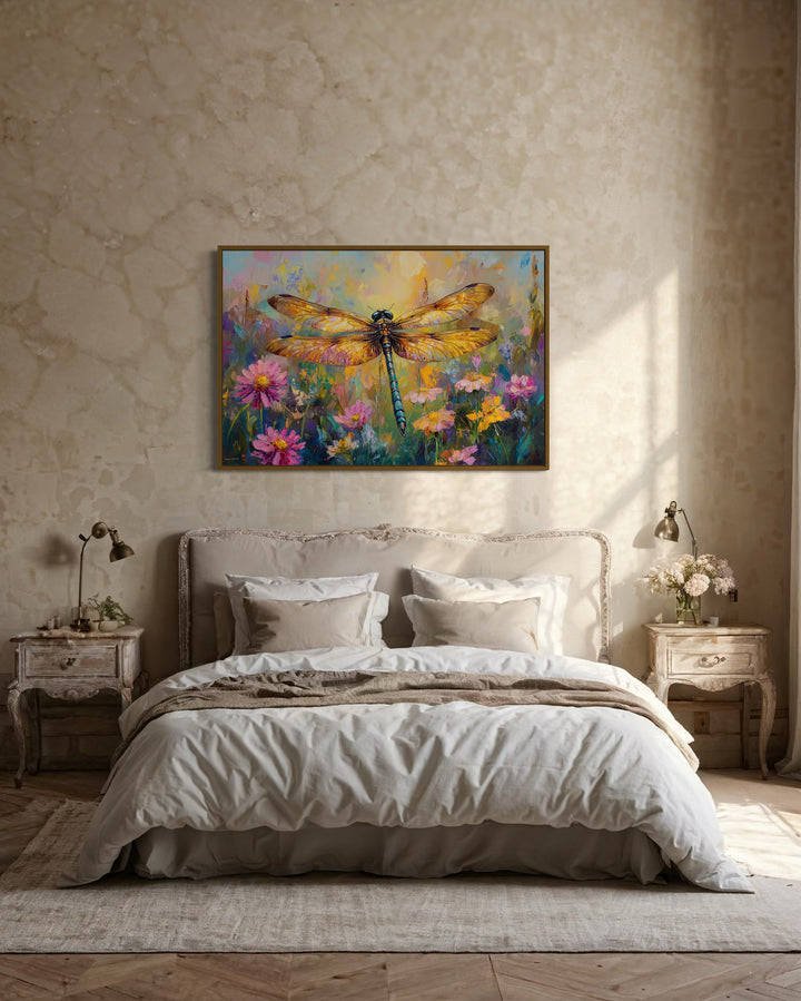 Beautiful Dragonfly On Flowers Delicate Painting Framed Canvas Wall Art