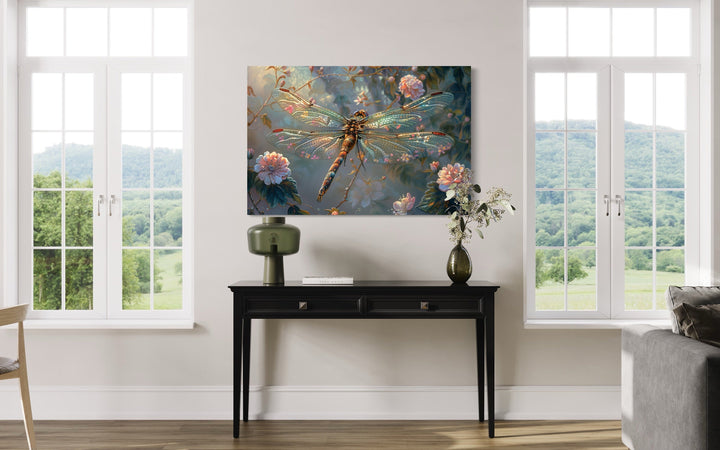 Beautiful Dragonfly On Flowers Delicate Painting Framed Canvas Wall Art