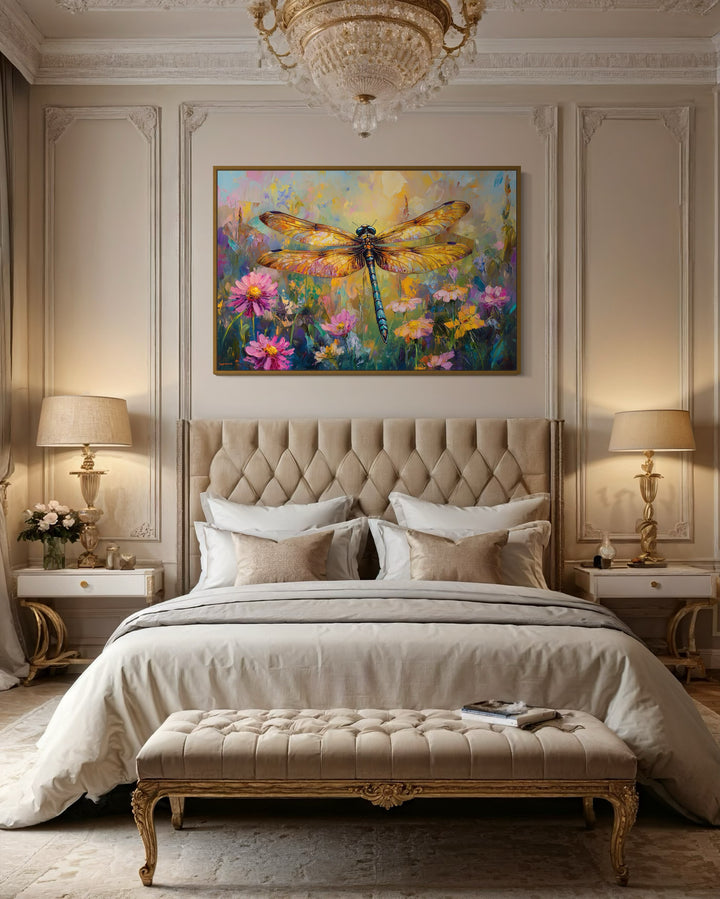 Beautiful Dragonfly On Flowers Delicate Painting Framed Canvas Wall Art