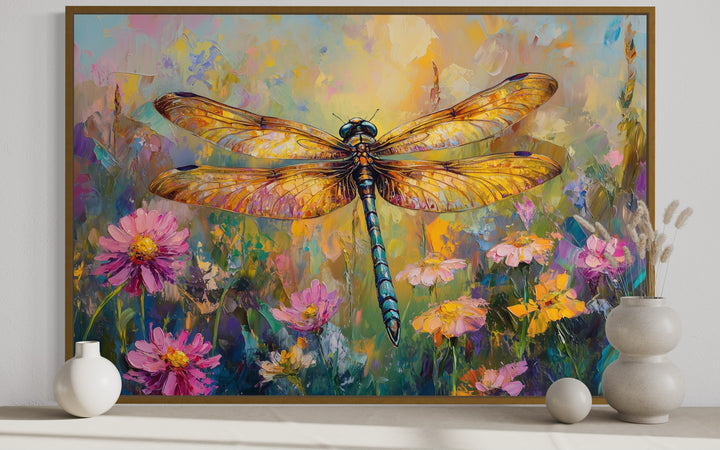 Beautiful Dragonfly On Flowers Delicate Painting Framed Canvas Wall Art