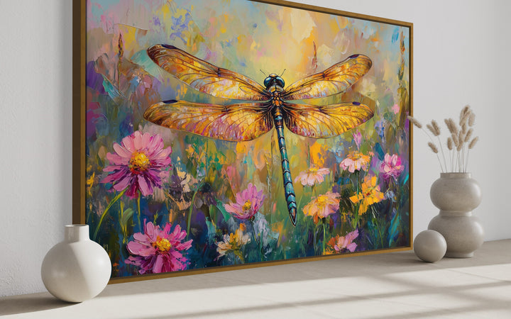 Beautiful Dragonfly On Flowers Delicate Painting Framed Canvas Wall Art