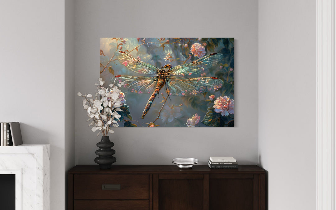 Farmhouse Wall Decor - Beautiful Dragonfly On Flowers Delicate Painting Framed Canvas Wall Art