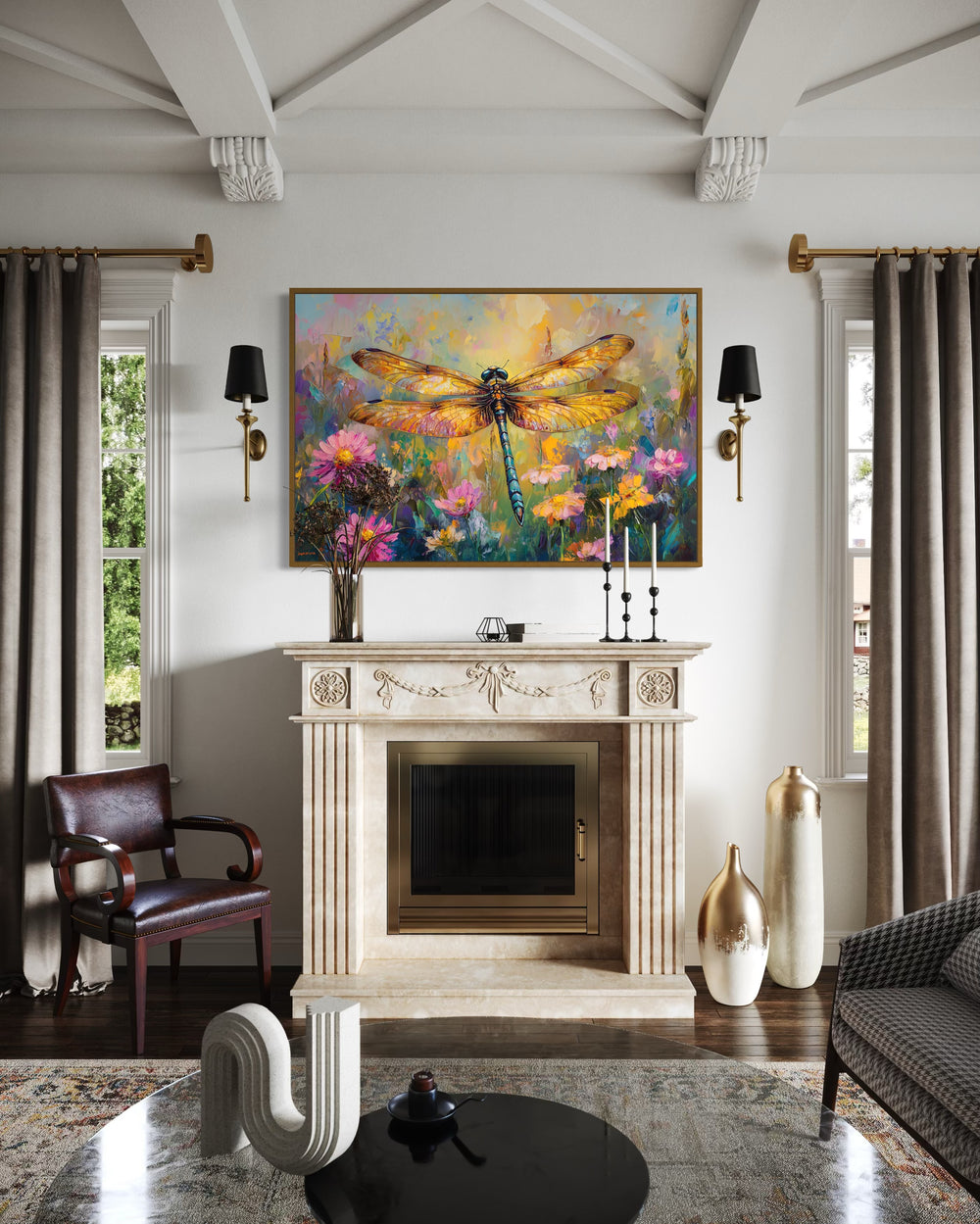 Framed canvas wall art of a colorful dragonfly over a wildflower meadow above a fireplace.
