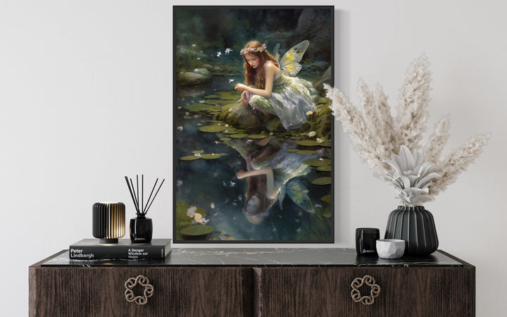 Beautiful Forest Fairy Near Pond Framed Canvas Wall Art