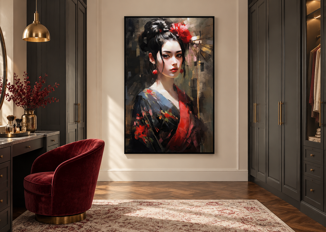 Beautiful Geisha framed canvas wall art in a black frame, hanging in a sophisticated dressing room.