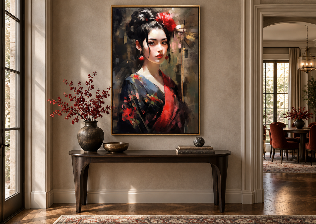 Framed oil painting of a Geisha in a red and black kimono, hanging above a dark wood console table.