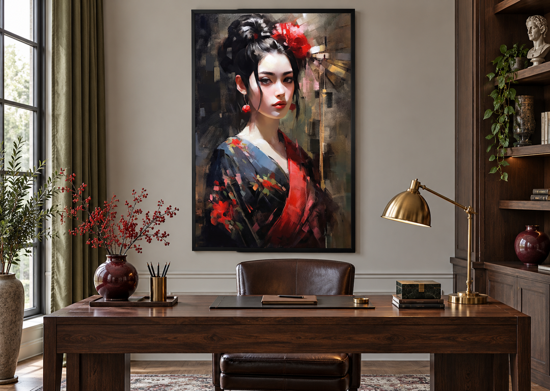 Framed oil painting of a Geisha in a red kimono hanging above a wooden desk in a home office.