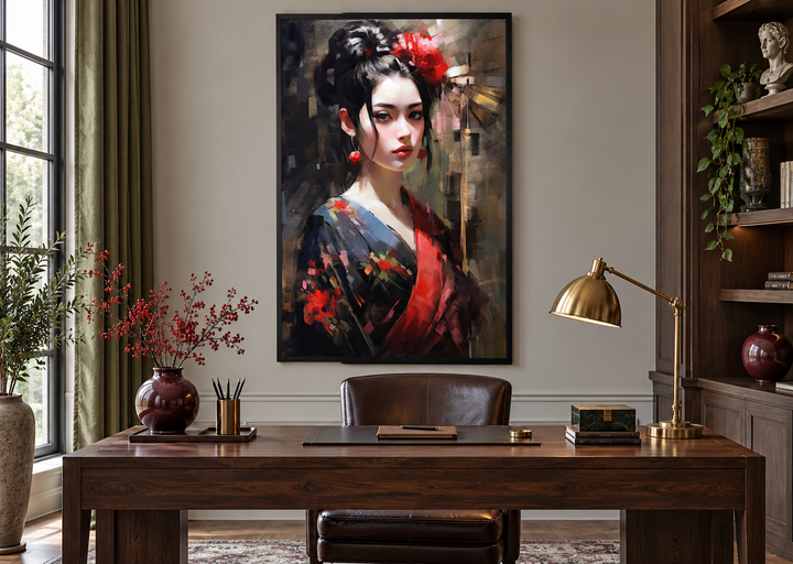 Framed oil painting of a Geisha in a red kimono hanging above a wooden desk in a home office.