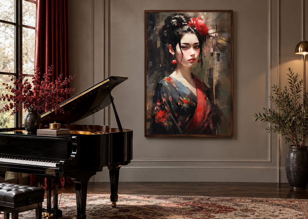 Framed oil painting of a Geisha in a red and black kimono, hanging in a room with a grand piano.