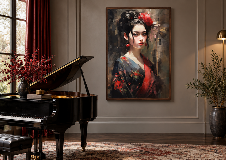 Framed oil painting of a Geisha in a red and black kimono, hanging in a room with a grand piano.