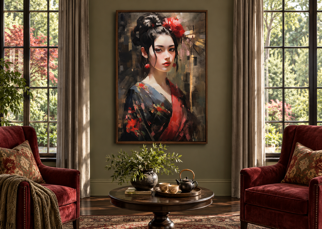 Beautiful Geisha framed canvas wall art in a walnut frame above a tea set in a sunroom.