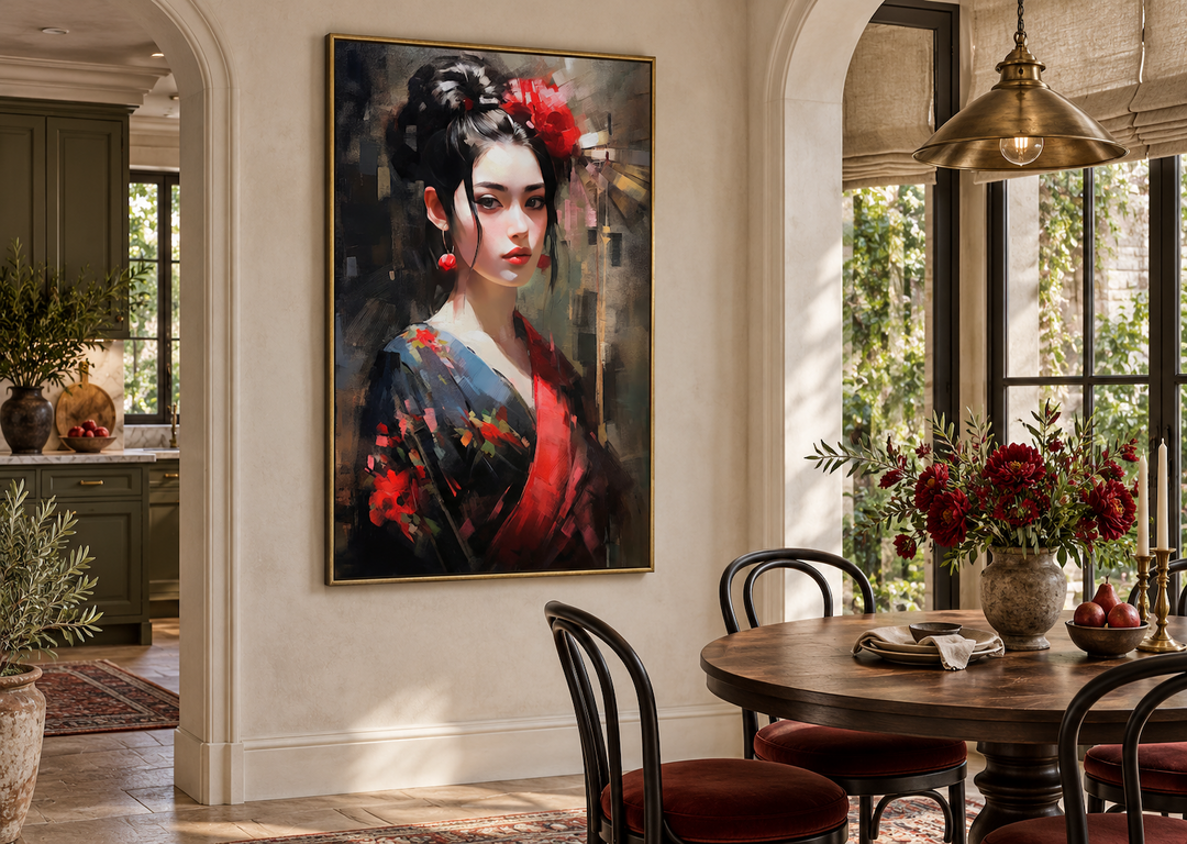Framed oil painting of a Geisha in a red and black kimono hanging in a dining room.