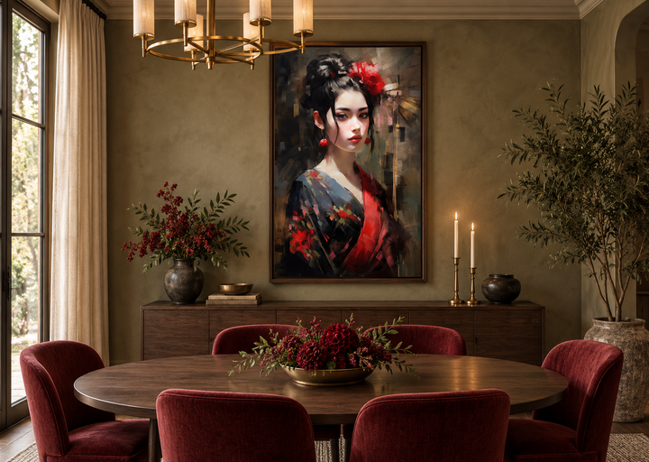 Framed canvas wall art of a Geisha in a red kimono hanging in a modern dining room.