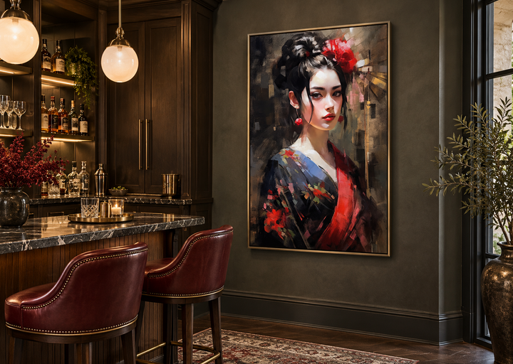 Framed canvas wall art of a Geisha in a red kimono, hanging in a dark, sophisticated home bar area.