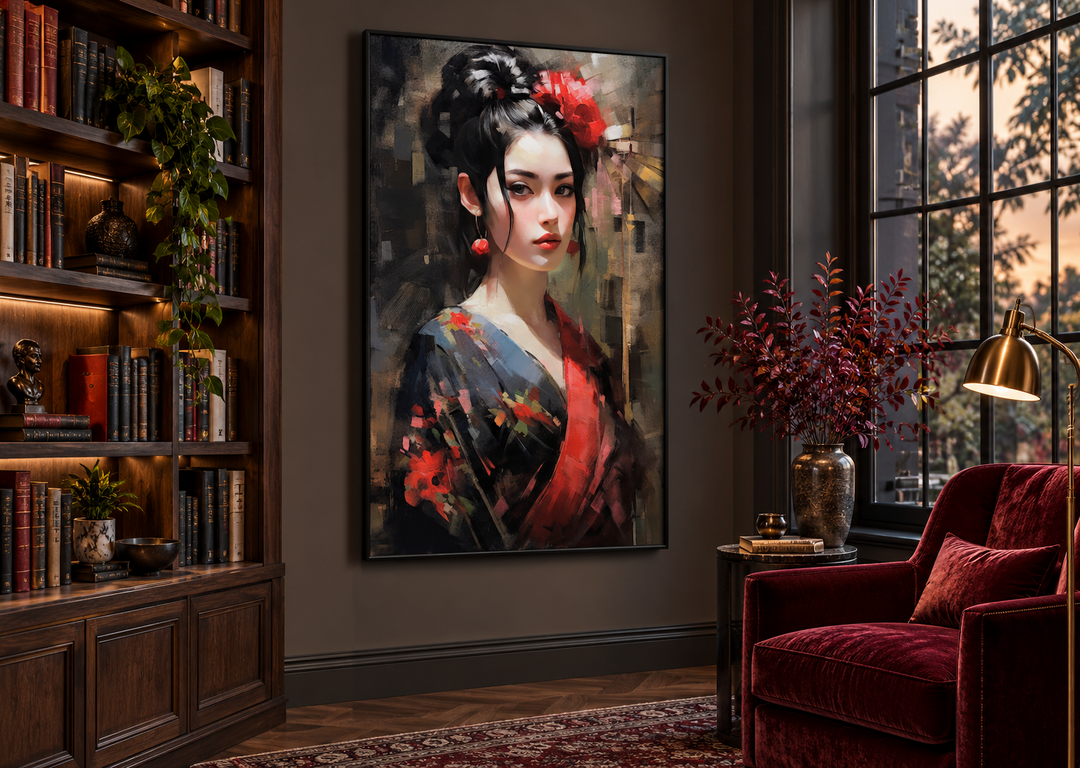 Framed oil painting of a Geisha in a red and black kimono hanging in a dark, elegant library.