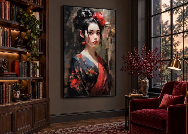 Framed oil painting of a Geisha in a red and black kimono hanging in a dark, elegant library.