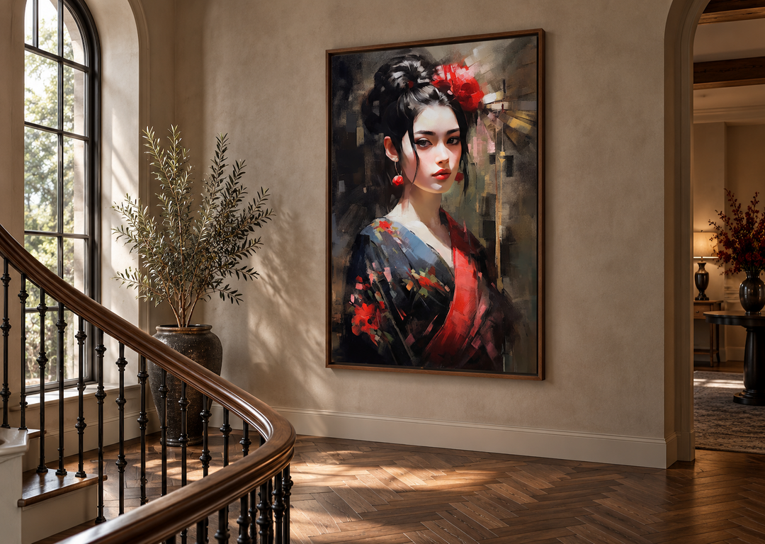 Beautiful Geisha framed canvas wall art in a walnut frame hanging on a wall by a staircase.