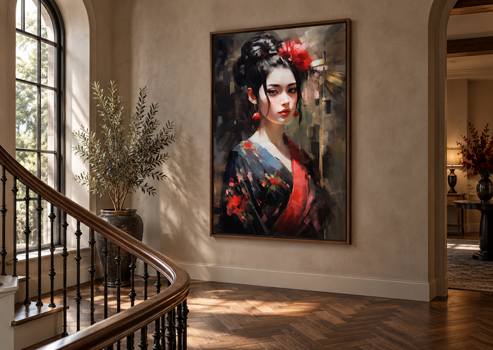 Beautiful Geisha framed canvas wall art in a walnut frame hanging on a wall by a staircase.