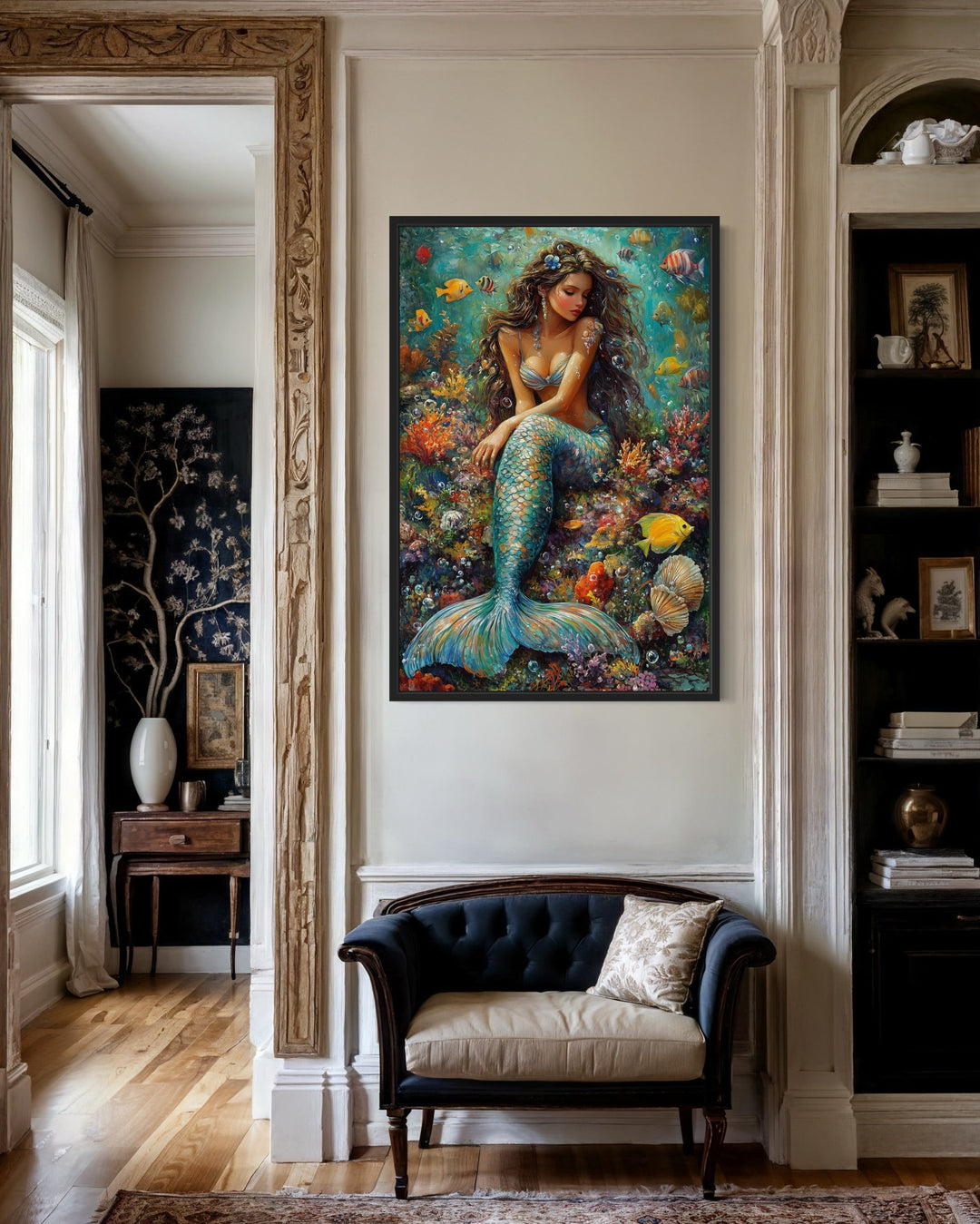 Beautiful Mermaid In Coral Reef Framed Canvas Wall Art